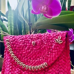 Pink Woven Bag with Shell Accents